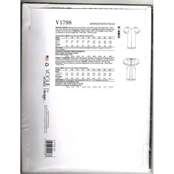 Vogue V1798 Misses 8 to 16 Rachel Comey Shift Dress UNCUT Sewing Pattern - Picture 2 of 2